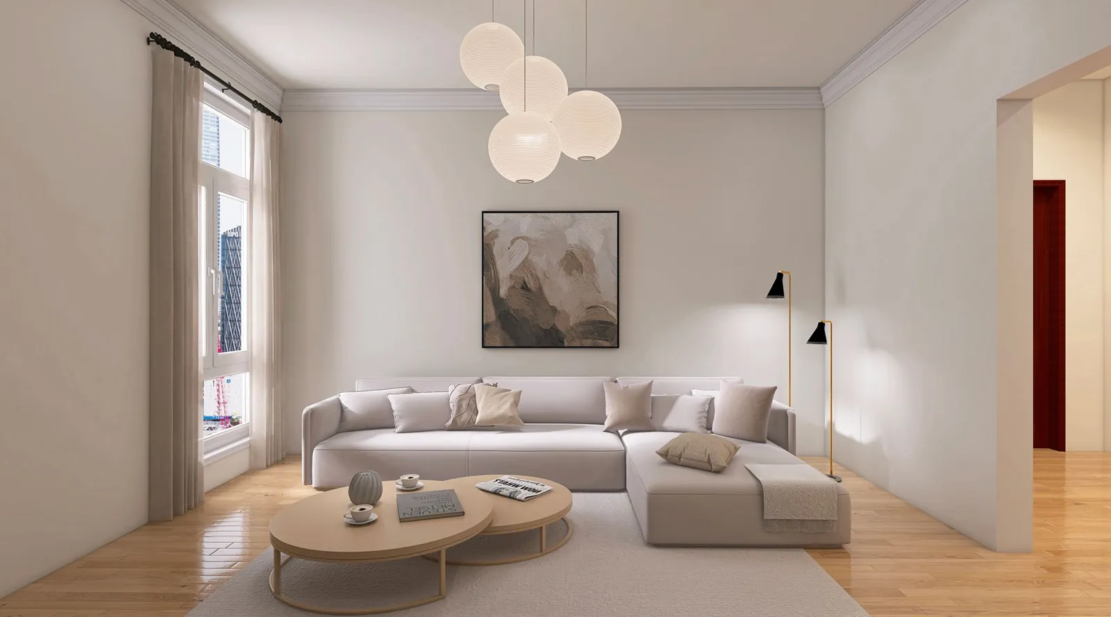 Ljust skandinaviskt vardagsrum med beige soffa, runt soffbord och golvlampa